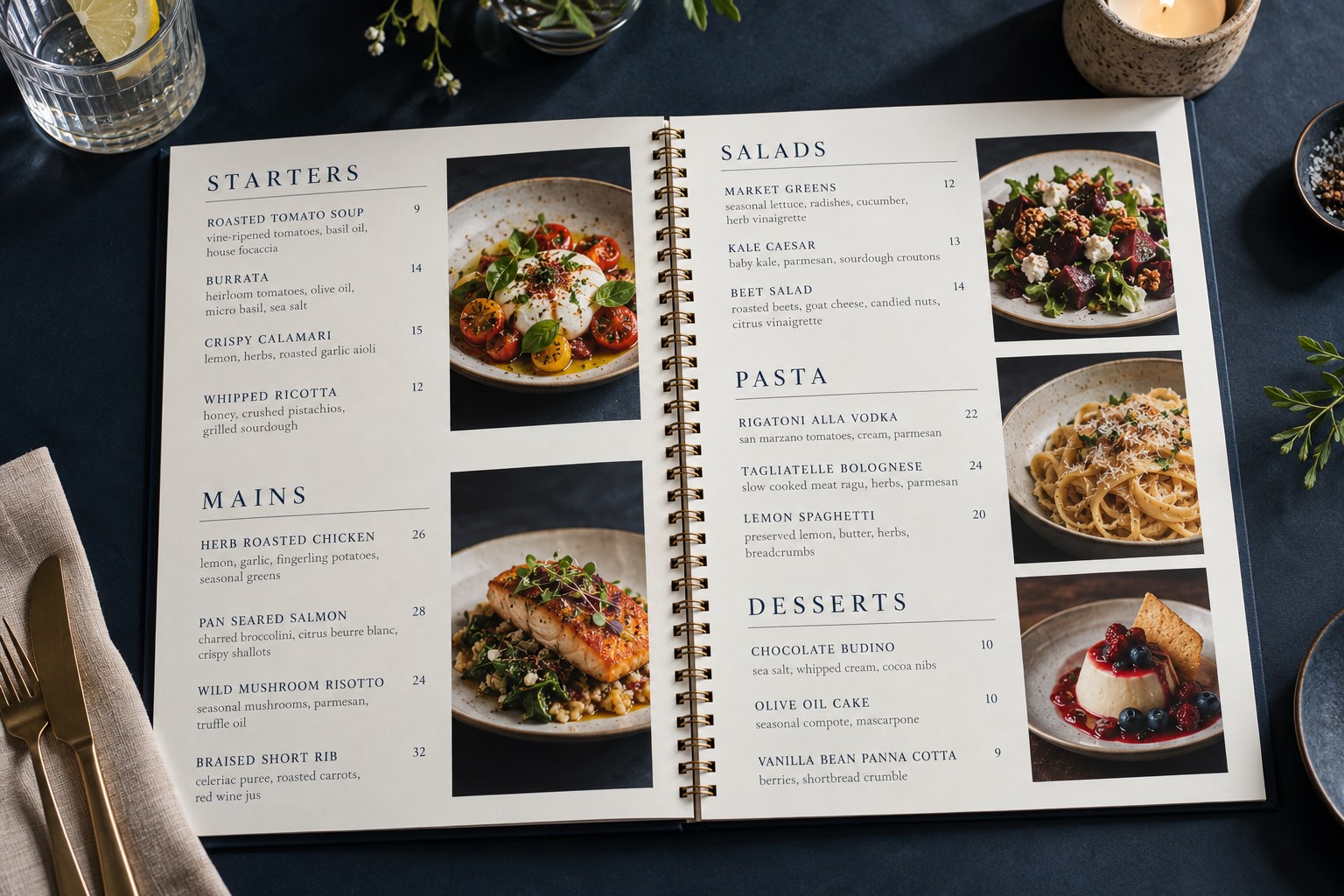 Premium open multi-page restaurant menu, an illustrative design concept