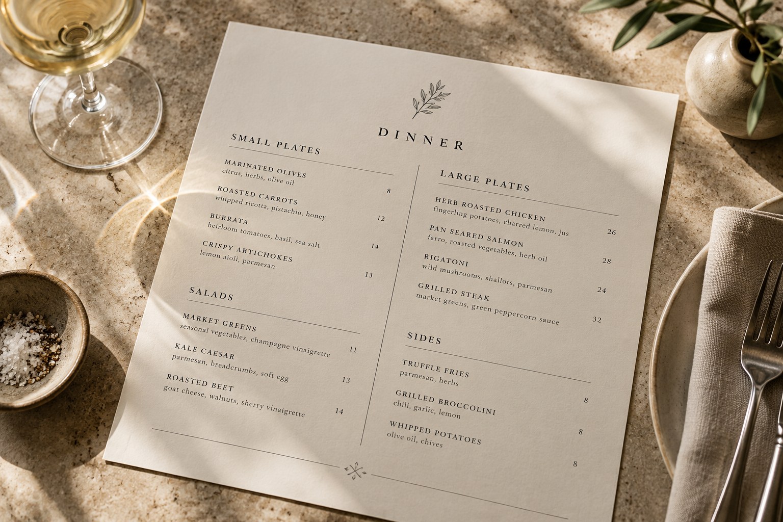 Single-page menus — illustrative product example